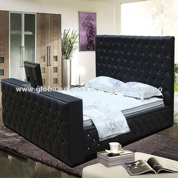 High Headboard Leather Bed Black Color Pu With Tv Footboard