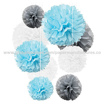 Umiss Paper Pom-poms Light Blue/Gray/White Decorations 9-piece 14/12/10" Disco Ball | Sources
