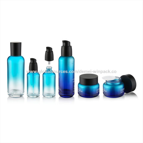 Download China Round Shape Glass Lotion Bottle Transparent Blue Color With Shiny Black Pump Cosmetic Packaging On Global Sources Round Shape Lotion Bottle Serum Bottle And Jar Cosmetic Bottle And Toner Bottle