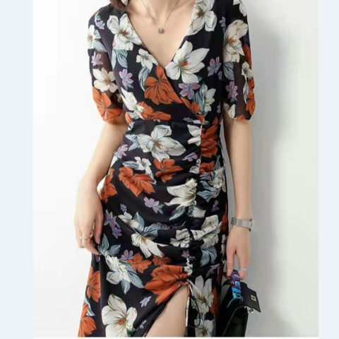 China Moda de las mujeres de Volfour del mini vestido que hace punto el  vestido elástico con cuello de pico de la abertura lateral del shrinkle del vestido  corto de la manga