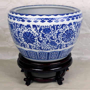 16 Diameter Blue And White Porcelain Fish Bowl With Wooden Stand China 16 Diameter Blue And White Porcelain Fish Bowl With Wooden Stand