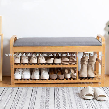 Natural Bamboo Wooden Shoe Rack Bench, Wooden Shoe Cabinet Storage Bench With Seat Cushion