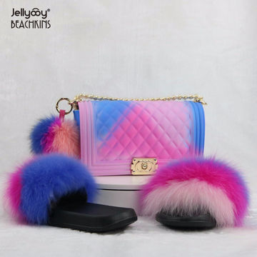 fur slides with matching purse