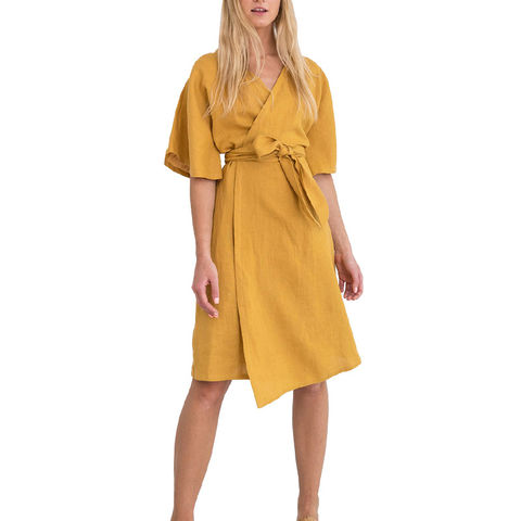 yellow linen wrap dress