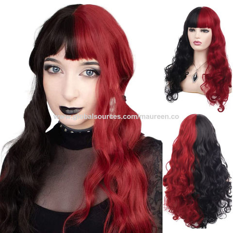 China Half Black Half Red Wig Long Curly Wavy Synthetic Heat Resistant Bangs Wig For Women On Global Sources Black Red Wig Long Wig Black Red Hairpiece Cosplay Wig Party Wig