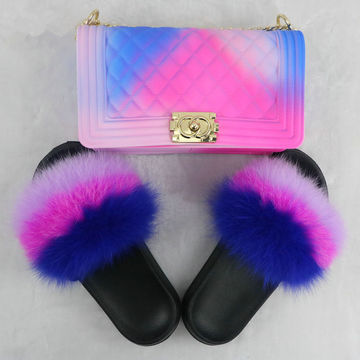 fur slippers with purse
