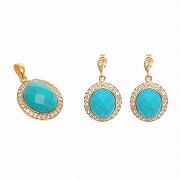 Turquoise Stone Gold Tone Cz Pendant And Earrings Set Made Of China Turquoise Stone Gold Tone Cz Pendant And Earrings Set