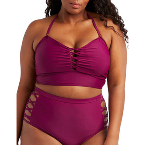 Women's Plus Size Caged-Front Longline Top,High-Waist Ruched Bikini Bottoms, recycled on Sources,Plus Size swimwear,plus size clothing,Bikini