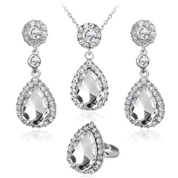 Silver Rhinestone Crystal Teardrop Pendant Necklace & Earrings Set Dangle UK