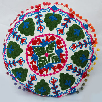 Pom Pom Indian Suzani Cushion Cover Vintage Cotton Round Pillow