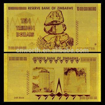 Gold Foil Banknote Zimbabwe 100 Trillion Dollars 1 Material Gold