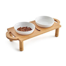 China Wholesale Cheap Bamboo Wooden Raised Dog Feeder With 2 Bowls