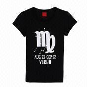 Women's Printed T-shirt in Plain Black with White Silkscreen Printing, Custom Logo/Label/Size/Colors Women's Printed T-shirt in Plain Black with White Silkscreen Printing, Custom Logo/Label/Size/Colors