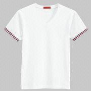 Men's V-neck T-shirt, Made of Plain White Cotton Jersey with Grid Fabric on Cuff, Fashionable Design Men's V-neck T-shirt, Made of Plain White Cotton Jersey with Grid Fabric on Cuff, Fashionable Design