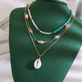 Collar Bohemio 3 en 1 Hecho a Mano con Cuentas, Gargantilla con Cadena Dorada, Collares de Conchas, Joyería de Playa de Moda, Collar con Perlas para Mujeres y Niñas