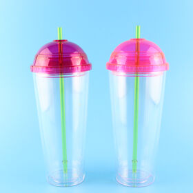 Customize double wall reusable plastic cups with semicircle lids and straw