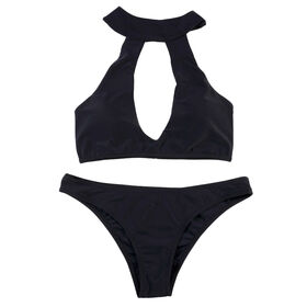 Traje de Baño de Talla Grande para Mujer, Bikini Negro Sólido, Conjunto de Dos Piezas - Venta al por mayor