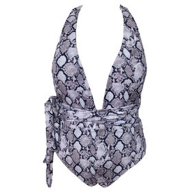 OEM/ODM Women's one-piece swimsuit, sexy deep V neck, snake skin patter, tied belt with recycled fabric customizable printing