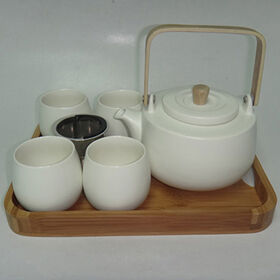 Service a the ceramique - Theiere, 4 tasses et support bambou