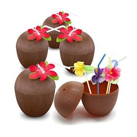 Nouveau gobelet à dessert en plastique en forme de noix de coco avec paille et fleur - Idéal pour l'hôtellerie et les événements