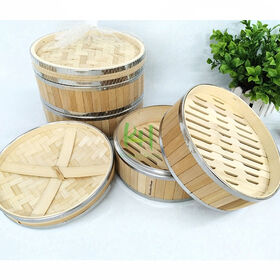 Premium Fujian Bamboo Steaming basket Eco-Friendly , Double Stainless Steel Banding for Asian Cooking Buns Dumplings