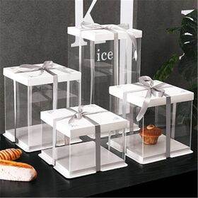 Handmade Rectangle Customized Transparent PET Plastic Cake Box in Stock with Ribbon and Window