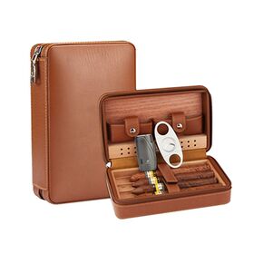 Cave à cigares de voyage en cuir marron - Boîte à cigares portable en bois de cèdre avec revêtement en cuir marron