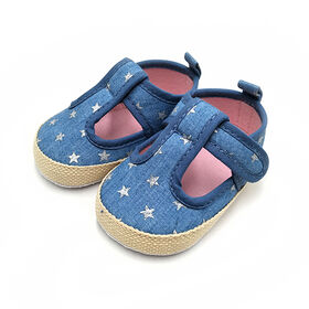 Zapatos para bebé niña de denim con estrellas estampadas, banda de paja, suela antideslizante, diseño favorito para niñas, 11-14 cm