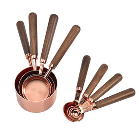 Measuring Cups and Spoons Set Wood Handle Copper Pink Milk Coffee Cake Baking Measuring Spoon