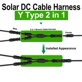 Connecteur solaire en Y IP68 MC4 2 vers 1, faisceau de câbles 1500 VCC. Possibilité d'ODM avec connecteur de fusible et connecteur de câble.