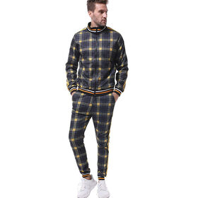 Grid printing pullover cotton zipper sweater men's casual tracksuit sets