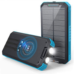 Strong Light LED Flashlights IP66 Rating Solar Charger Solar Power Bank 32800mAh Outputs 5V/3A High-Speed & 2 Inputs Huge Capacity Phone Charger for Smartphones Qi Wireless Charger Black