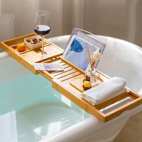 Bambusi Bamboo Bathtub Tray With Extending Sides, Reading Rack, Tablet  Holder, Cellphone Tray & Integrated Wine Glass Holder.