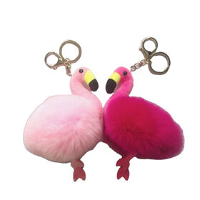 Plüsch-Schlüsselanhänger, hochwertig, echter Rexfell-Bommel, Flamingo-Schlüsselanhänger