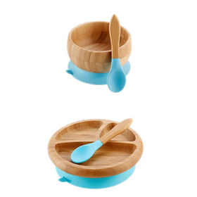 Conjunto de talheres para bebês e crianças pequenas de bambu de qualidade alimentar com ventosa: prato, tigela e colher