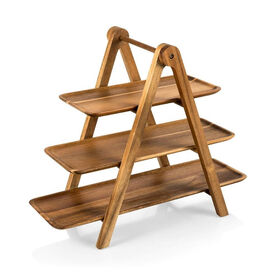 Juego de bandejas rectangulares de madera de acacia de 3 piezas al por mayor con estante triangular plegable para pastel de fiesta