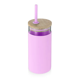 32oz Glass Tumbler With Bamboo Lid And Straw, Handle, Silicone Sleeve,  Purple