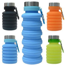 Collapsible Water Bottle 17oz,Reusable Leakproof BPA Free Silicone Foldable Grenade Water Bottle for Sport Gym Camping Hiking Blue/Handle 