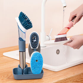 Cepillo de Cocina Multifuncional con Dispensador de Jabón y Juego de Esponjas de Limpieza con Mango - Ideal para Lavar Platos