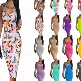 Fesfesfes Fashion Women Casual Dress Sexy Printing Camisole Dresses Keyhole  Neck Sleeveless Pullover Mini Dress Under $10 
