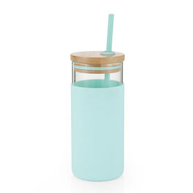 Hot Sale Bamboo Lid Sport Bottle Silicone Sleeve Single Wall Glass Bottle with Plastic Straw