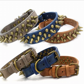 Spiked Studded Pet Dog Collar Heavy Duty Genuine Leather Training for Pit  Bull