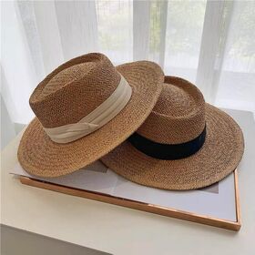 Women Straw Hat Flat Top Raffia Beach Panama Wide Brim Anti-UV Leisure Foldable