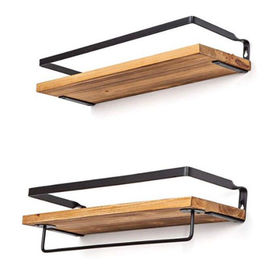 Pine Floating Shelves with Hooks, Black Farmhouse Bathroom Floating Shelves  Over Toilet, Set Of 2 Wood Wall Shelves with Removable Towel Bar, Hanging