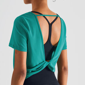 Women's loose t shirt sports top short sleeve t-shirt with open back design