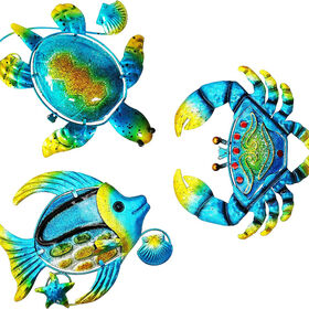 Metall Wanddeko Meeresschildkröte, Fische und Krabbe - Metall Gartendeko für Außen, Wandkunst im Strand- und Ozean-Design