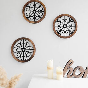 Ensemble de 3 Décorations Murales Rustiques, Art Mural Rond, Métal Géométrique avec Cadre en Bois - Décoration Murale en Gros