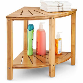 Banco de ducha de bambú, taburete de spa, asiento de madera de 2 niveles,  taburete de afeitar con pies antideslizantes + estante de almacenamiento