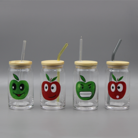 Happy Face Glass, SMILEY FACE GLASS Can, Be Happy Coffee Cup, Emoji Face Glass  Tumbler, Bamboo Lid and Straw, Beer Can Glass Cup Bamboo Lid 