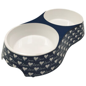 Gamelles Doubles pour Chats avec Impression de Cœurs SGS, Bleu et Blanc, en Plastique avec Bols Amovibles en Acier Inoxydable pour l'Alimentation des Chats